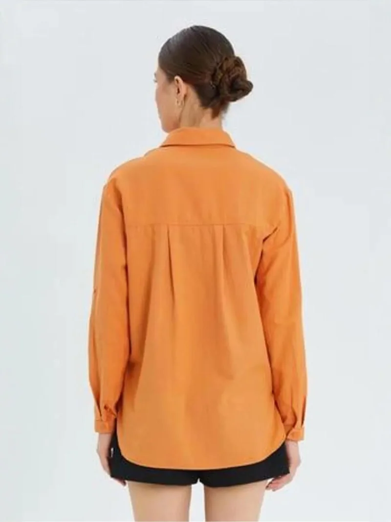 Mixray Bright Orange Mixray Long Sleeve Button-Up Shirt with Pocket for Women | Best Price UAE