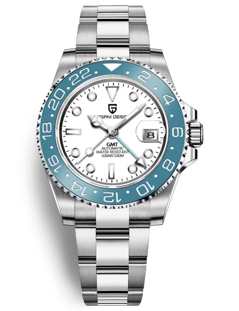 PAGRNE DESIGN ساعة رجال باجاني ديزاين GMT للرجال أوتوماتيكية 40MM تاريخ 100M مقاومة للماء من الفولاذ المقاوم للصدأ زجاج ياقوتي ميكانيكية PD-1662 (أزرق أبيض) - Image 1