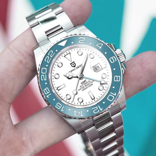 PAGRNE DESIGN ساعة رجال باجاني ديزاين GMT للرجال أوتوماتيكية 40MM تاريخ 100M مقاومة للماء من الفولاذ المقاوم للصدأ زجاج ياقوتي ميكانيكية PD-1662 (أزرق أبيض) - Image 4