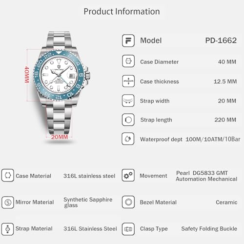PAGRNE DESIGN ساعة رجال باجاني ديزاين GMT للرجال أوتوماتيكية 40MM تاريخ 100M مقاومة للماء من الفولاذ المقاوم للصدأ زجاج ياقوتي ميكانيكية PD-1662 (أزرق أبيض) - Image 2