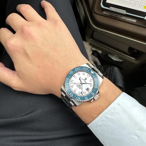 PAGRNE DESIGN ساعة رجال باجاني ديزاين GMT للرجال أوتوماتيكية 40MM تاريخ 100M مقاومة للماء من الفولاذ المقاوم للصدأ زجاج ياقوتي ميكانيكية PD-1662 (أزرق أبيض) - Image 3