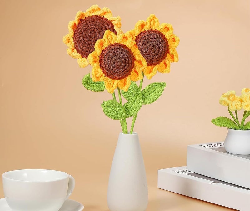 NUDFSY 3PCS Crochet Flowers, Artificial Flowers, Flowers, Crochet Sunflower Decor, Handmade Crochet Flowers Completed Hand Woven Sunflowers for Car Dash Decoration, Table Decoration, Home Decoration - Image 1