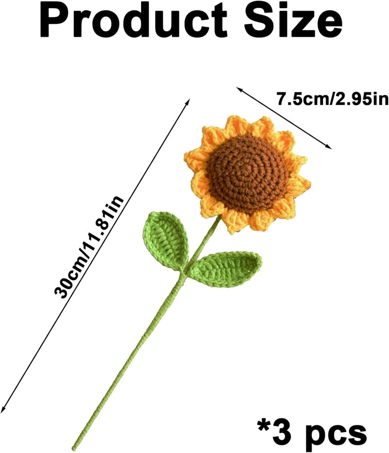 NUDFSY 3PCS Crochet Flowers, Artificial Flowers, Flowers, Crochet Sunflower Decor, Handmade Crochet Flowers Completed Hand Woven Sunflowers for Car Dash Decoration, Table Decoration, Home Decoration - Image 2