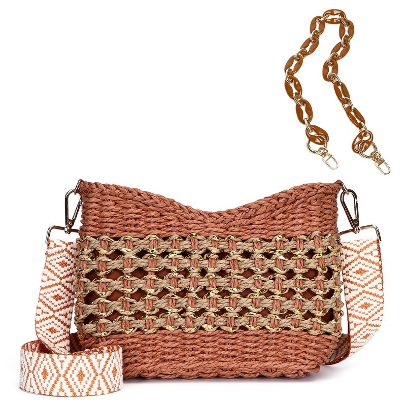 Herald Small Summer Crossbody Bags for Women, Beach Handmade Straw Woven Pocketbooks Handbag Shoulder Purse (Orange with Gold Thread) - Image 1
