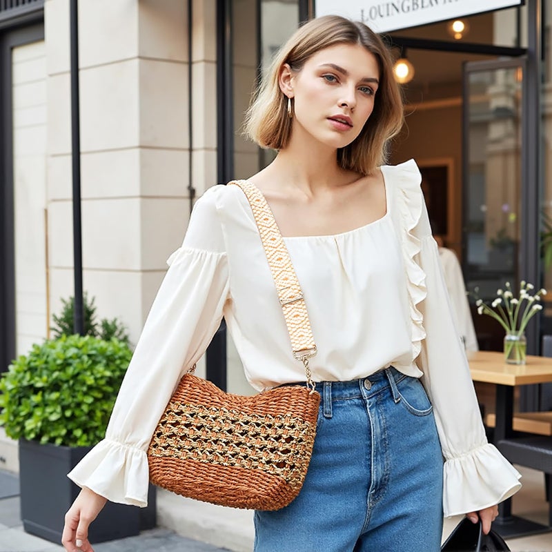 Herald Small Summer Crossbody Bags for Women, Beach Handmade Straw Woven Pocketbooks Handbag Shoulder Purse (Orange with Gold Thread) - Image 2