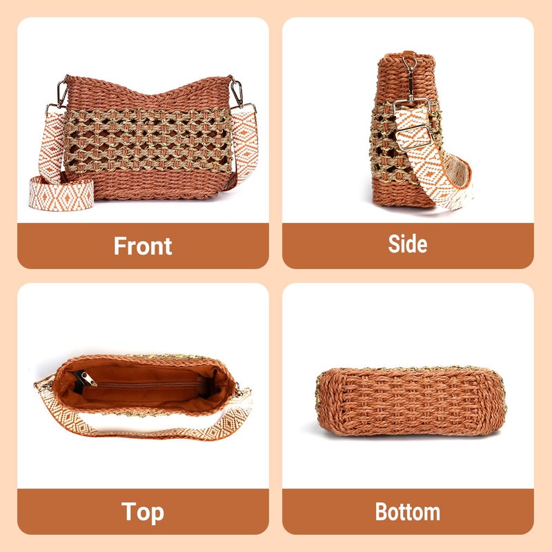 Herald Small Summer Crossbody Bags for Women, Beach Handmade Straw Woven Pocketbooks Handbag Shoulder Purse (Orange with Gold Thread) - Image 5