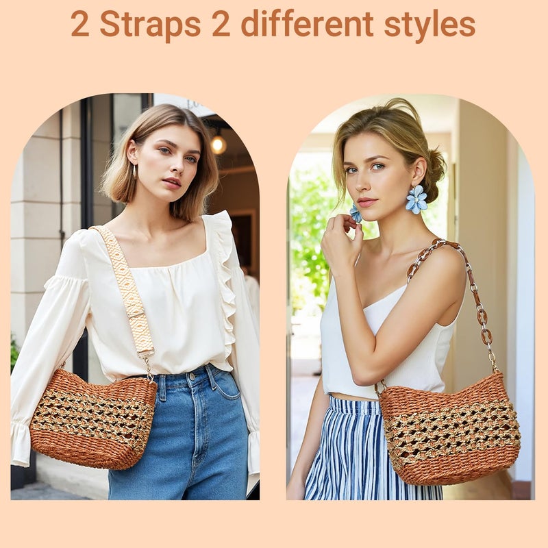 Herald Small Summer Crossbody Bags for Women, Beach Handmade Straw Woven Pocketbooks Handbag Shoulder Purse (Orange with Gold Thread) - Image 4