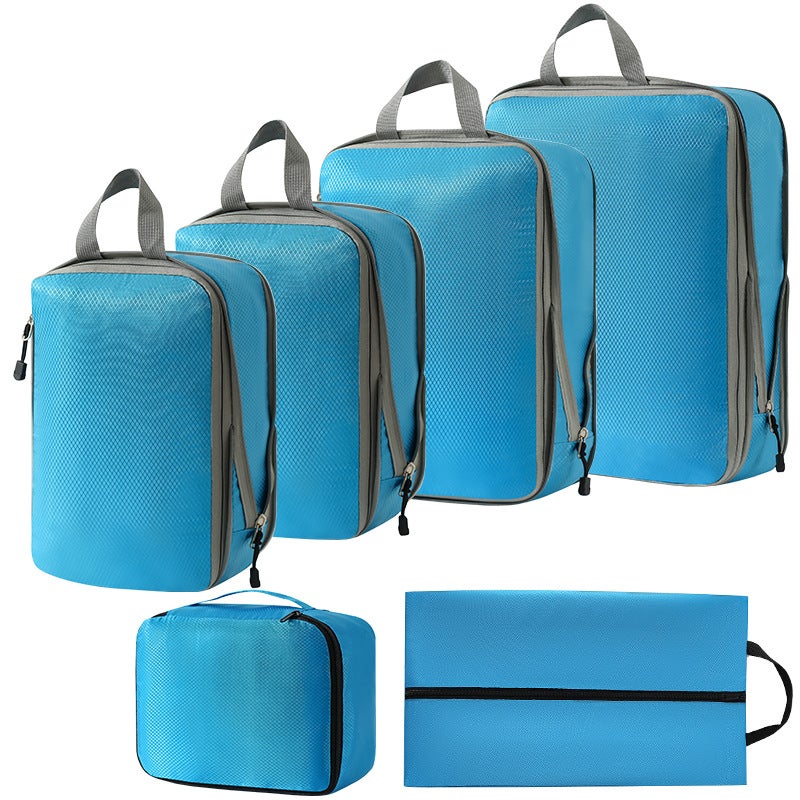 7-Piece Travel Organizer Compression SetThree-piece set + s + shoe bag + bra bag (blue six-piece set) Three-piece set + s + shoe bag + bra bag (blue six-piece set)