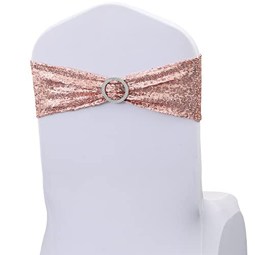 JKDMJF Pack of 50 All Around Rose Gold Sequin Chair Sashes for Wedding Decor Sequins Chair Bands with Silver Buckles for Party Baby Shower Fiestas Decorations Glitter Rose Gold Chair Sashes