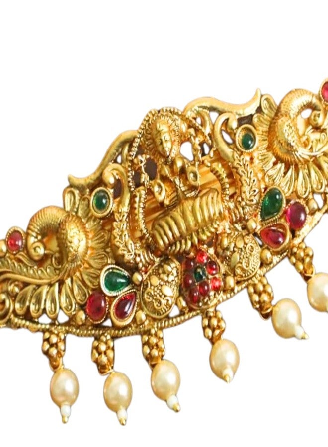 JWELLA Traditional Gold-Plated Hair Barrette Clip With Floral Design And Beads Danglers (Design-6) - Image 5