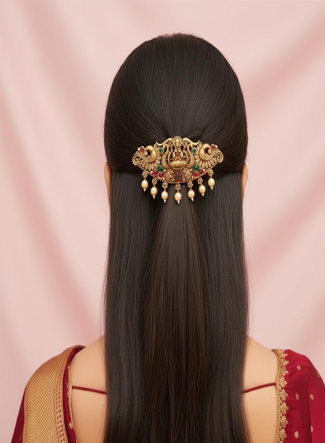 JWELLA Traditional Gold-Plated Hair Barrette Clip With Floral Design And Beads Danglers (Design-6) - Image 3