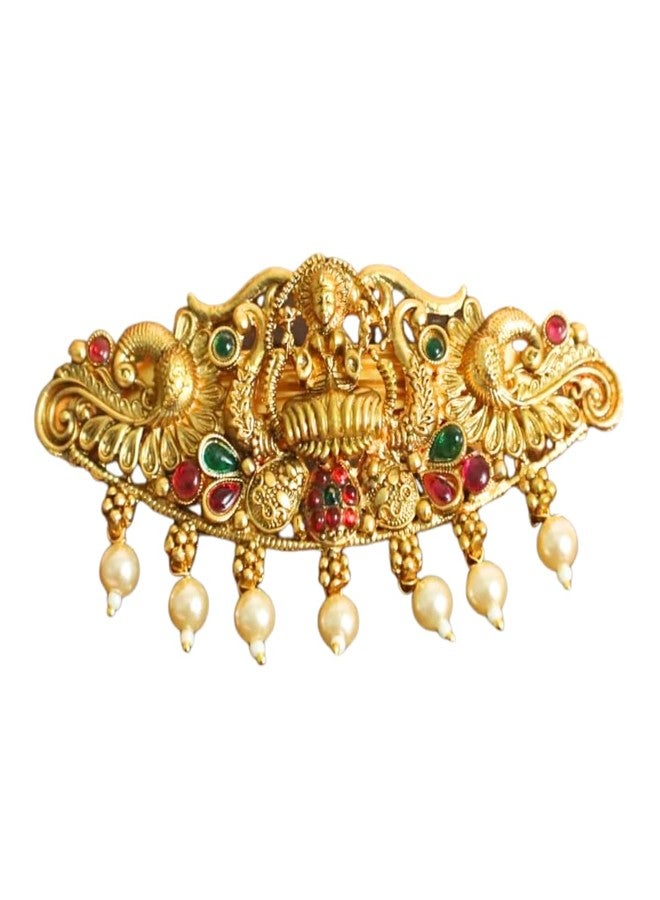 JWELLA Traditional Gold-Plated Hair Barrette Clip With Floral Design And Beads Danglers (Design-6) - Image 1