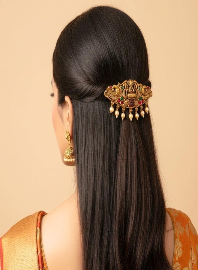 JWELLA Traditional Gold-Plated Hair Barrette Clip With Floral Design And Beads Danglers (Design-6) - Image 4