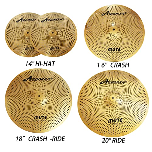 Arborea Low Volume Cymbal Pack 5 Piece Set 14"Hihats,16"Crash,18"Crash,20"Ride Quiet Cymbal Plus Bag Golden Mute Drum Practice Cymbal - Image 2