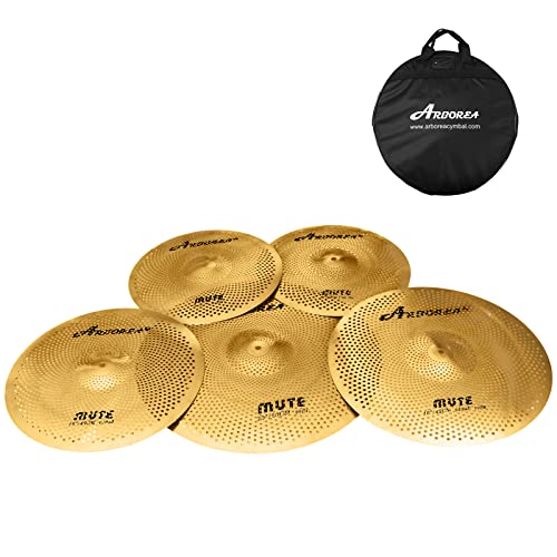 Arborea Low Volume Cymbal Pack 5 Piece Set 14"Hihats,16"Crash,18"Crash,20"Ride Quiet Cymbal Plus Bag Golden Mute Drum Practice Cymbal - Image 1
