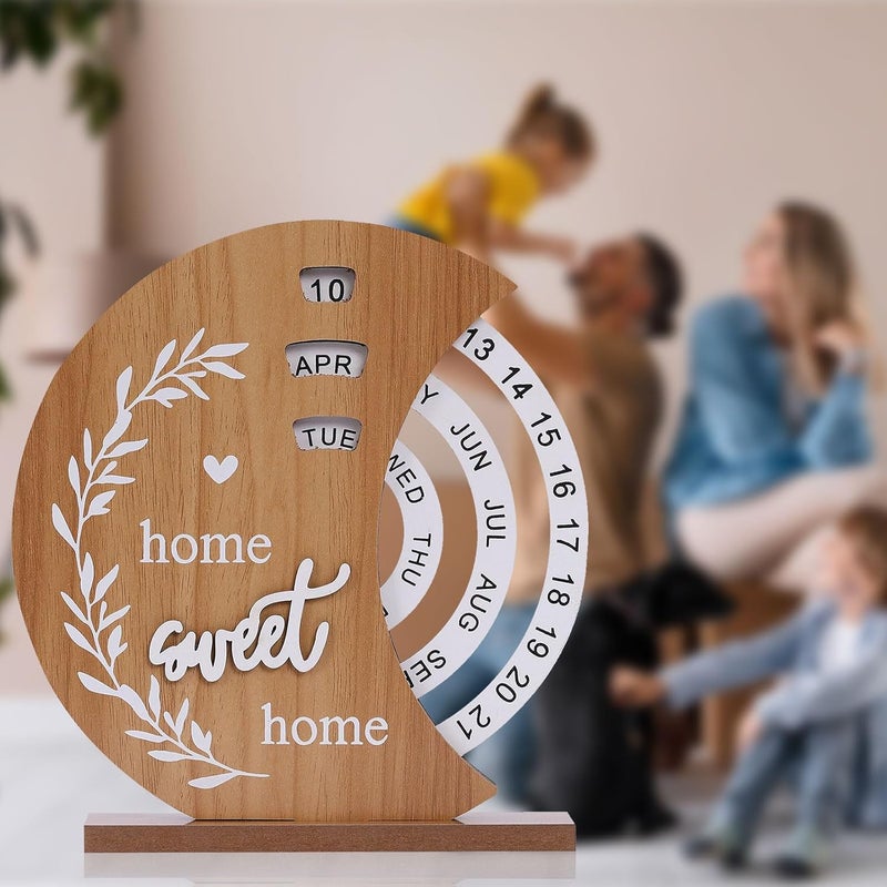 Glodecart Wooden Perpetual Calendar for Home Desk, Christmas Home Sweet Home Wooden Calendar for Office Gifts Decorative Ornament, Circular Dial Interactive Perpetual Calendar for Home Decor Bedroom - Image 1
