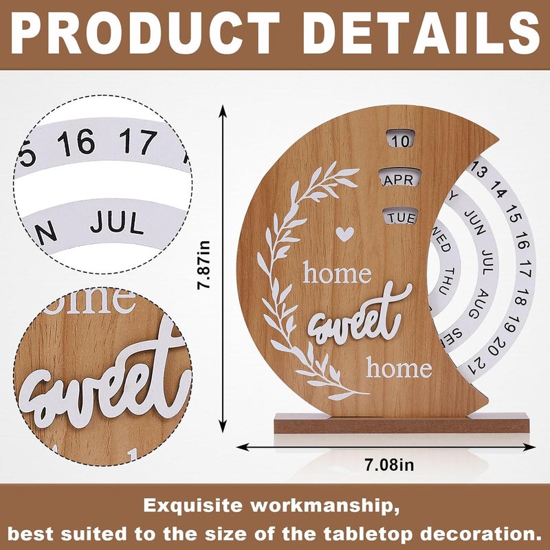 Glodecart Wooden Perpetual Calendar for Home Desk, Christmas Home Sweet Home Wooden Calendar for Office Gifts Decorative Ornament, Circular Dial Interactive Perpetual Calendar for Home Decor Bedroom - Image 3