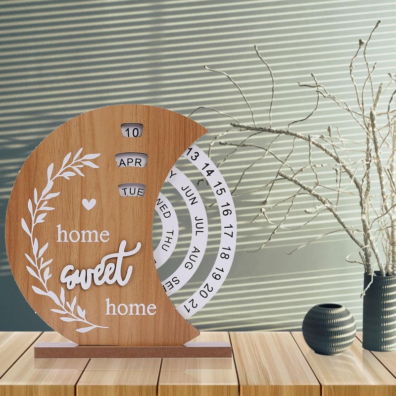 Glodecart Wooden Perpetual Calendar for Home Desk, Christmas Home Sweet Home Wooden Calendar for Office Gifts Decorative Ornament, Circular Dial Interactive Perpetual Calendar for Home Decor Bedroom - Image 4