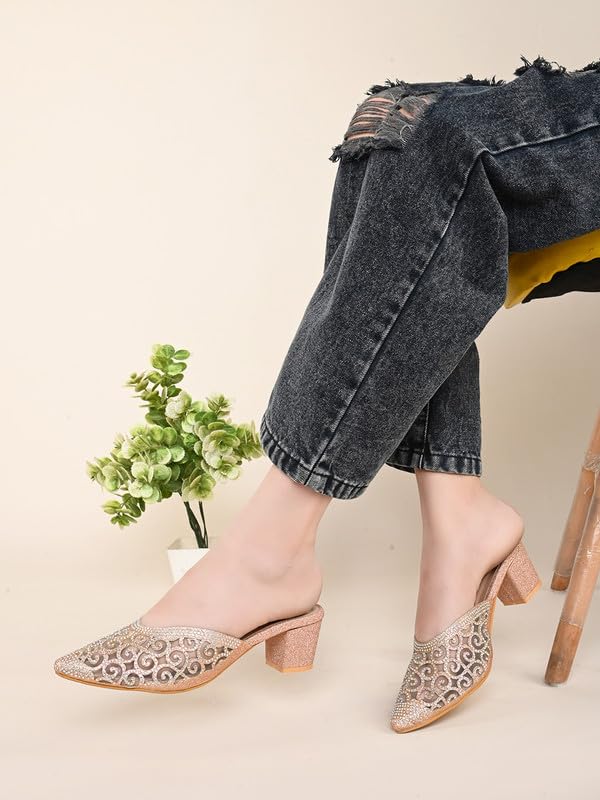 XE Looks Women's Gold Embellished & Stylish Block Heel Mules | Pointed Toe Slip-On with Intricate Rhinestone Design |Fancy & Charm Block Heels For Girls & Women - Image 4