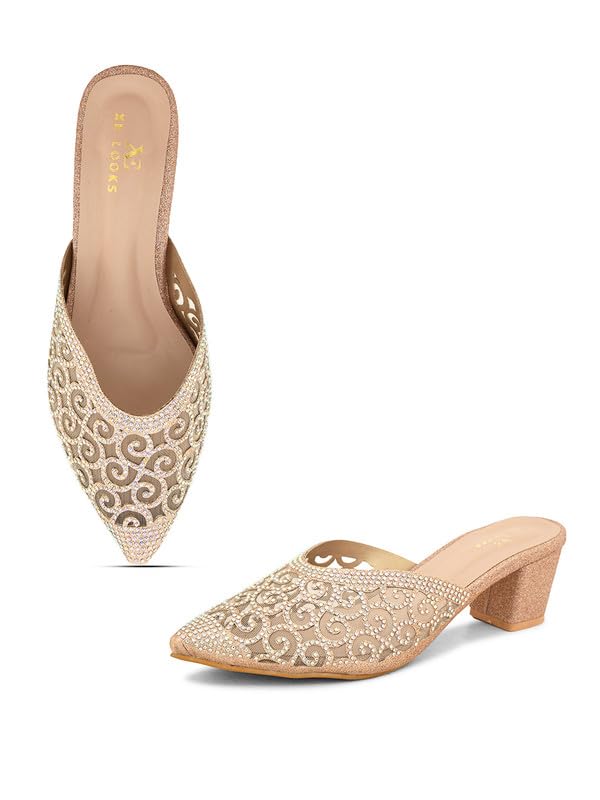 XE Looks Women's Gold Embellished & Stylish Block Heel Mules | Pointed Toe Slip-On with Intricate Rhinestone Design |Fancy & Charm Block Heels For Girls & Women - Image 1
