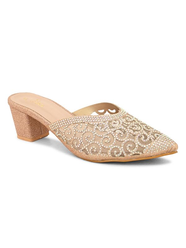 XE Looks Women's Gold Embellished & Stylish Block Heel Mules | Pointed Toe Slip-On with Intricate Rhinestone Design |Fancy & Charm Block Heels For Girls & Women - Image 5