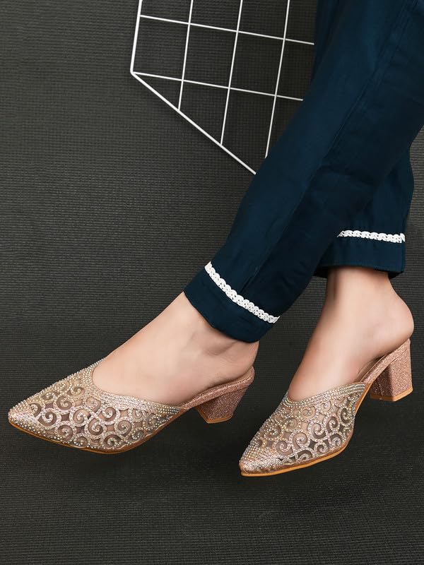 XE Looks Women's Gold Embellished & Stylish Block Heel Mules | Pointed Toe Slip-On with Intricate Rhinestone Design |Fancy & Charm Block Heels For Girls & Women - Image 2