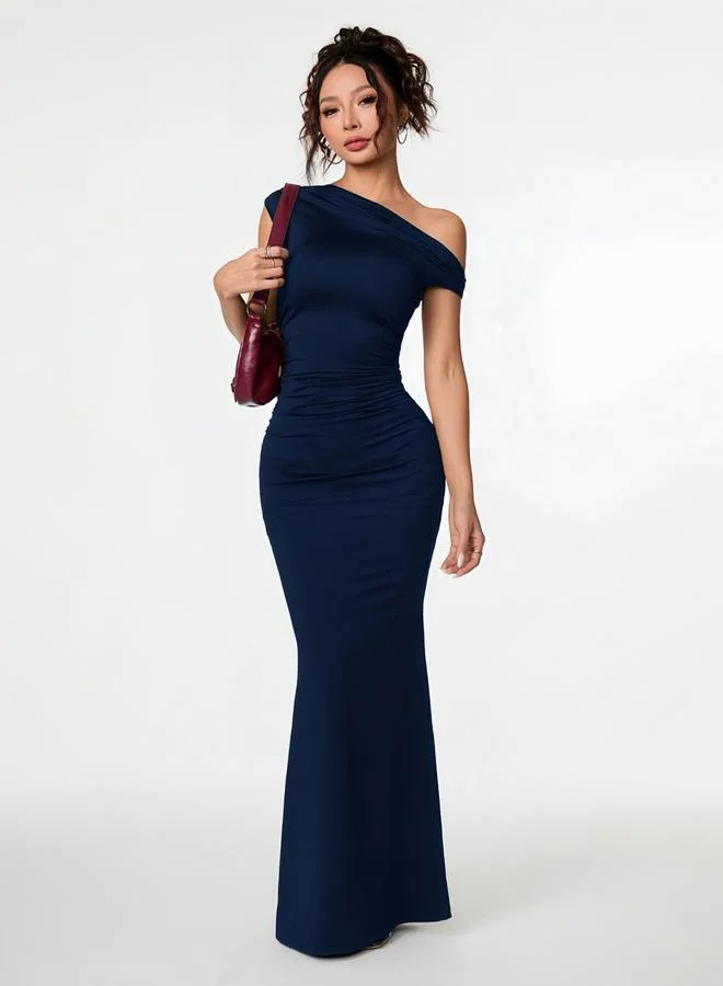 Take Two Navy Blue One-Shoulder Bodycon Maxi Dress