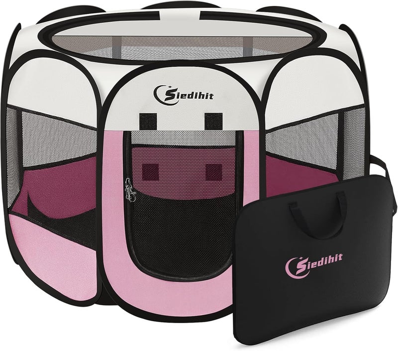 Siedihit Pink Puppy Playpen for Middle Dog Cat, Dog Tent Crates Cage Indoor/Outdoor, Portable Pop Up Dog Kennel with Carrying Bag for Rabbits, Removable Top (Pink, Medium (36" x 36" x 23")) - Image 1