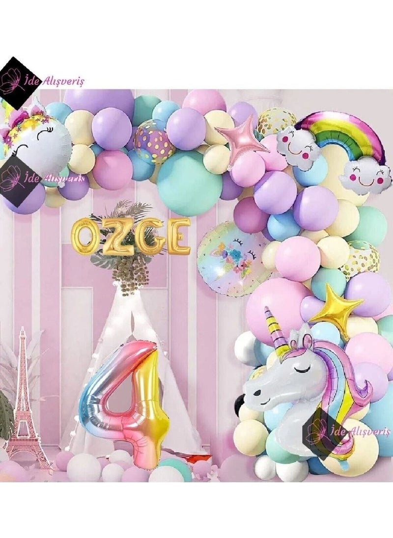 Store 4 Letter 4 Year Old Rainbow Concept Unicorn Themed Macaron Balloon Birthday Party Celebration Set  - Image 1