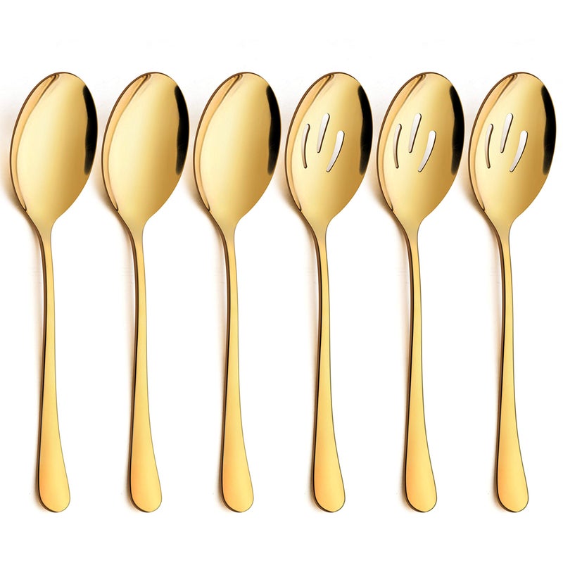 LIANYU 6 Pack Gold Serving Spoons Set Large Slotted Spoons Stainless Steel Buffet Dinner Restaurant Golden Serving Utensils Catering Set for Party Banquet 98 Inch