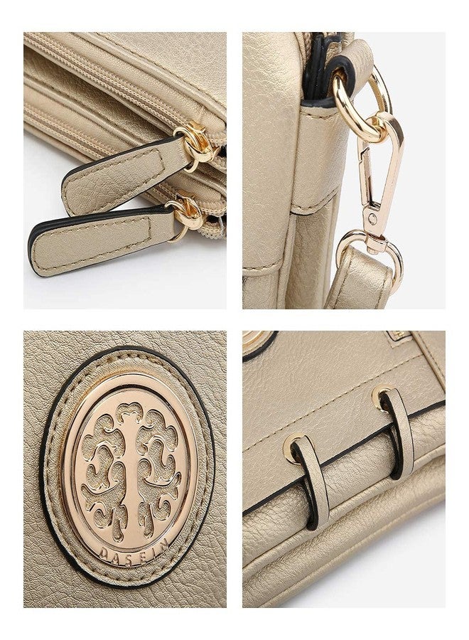 داسين حقيبة كتف نسائية خفيفة الوزن من داسين، مصنوعة من جلد البولي يوريثان الناعم، حقيبة كروسبودي، حقائب سفر متعددة الجيوب بسحاب مزدوج (ذهبي) - Image 4
