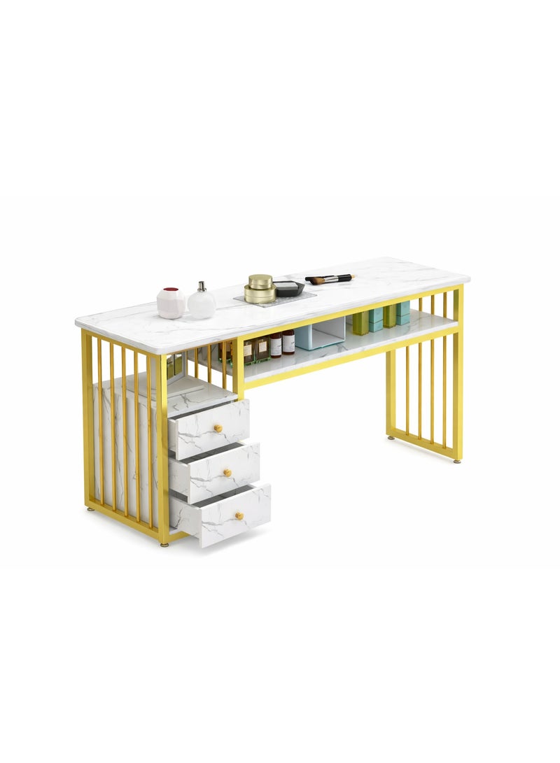 3 Tier Storage Shelves Manicure Table with White Faux Marble Top Gold Metal Frame Nail Desk Workstation Beauty Technician Desk for Home Office Kitchen and Nail Tech Makeup Beauty Spa Salon Equipment Nail Beauty Supplies Organizer - Image 1