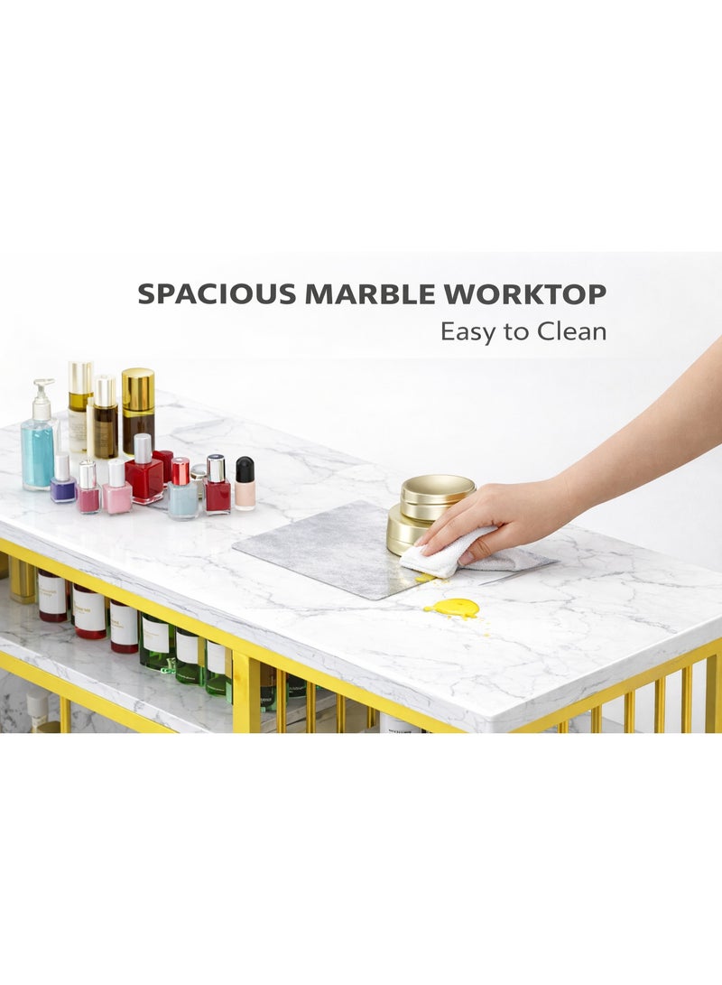 3 Tier Storage Shelves Manicure Table with White Faux Marble Top Gold Metal Frame Nail Desk Workstation Beauty Technician Desk for Home Office Kitchen and Nail Tech Makeup Beauty Spa Salon Equipment Nail Beauty Supplies Organizer - Image 2
