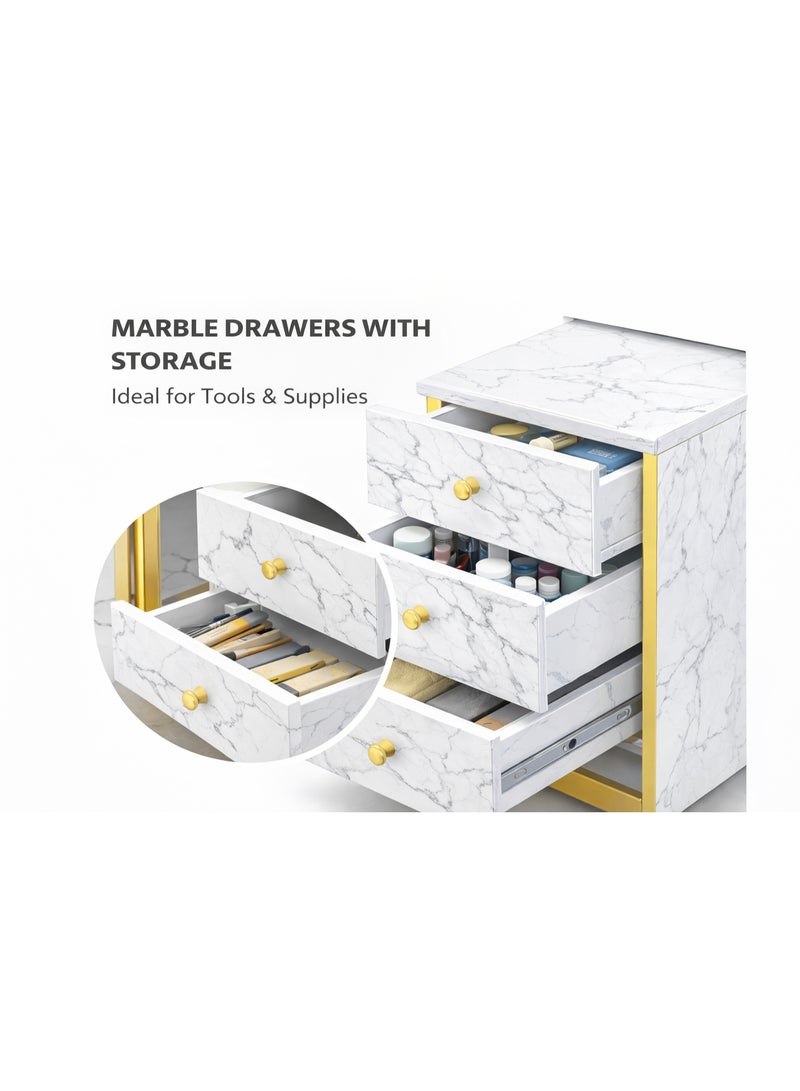 3 Tier Storage Shelves Manicure Table with White Faux Marble Top Gold Metal Frame Nail Desk Workstation Beauty Technician Desk for Home Office Kitchen and Nail Tech Makeup Beauty Spa Salon Equipment Nail Beauty Supplies Organizer - Image 3