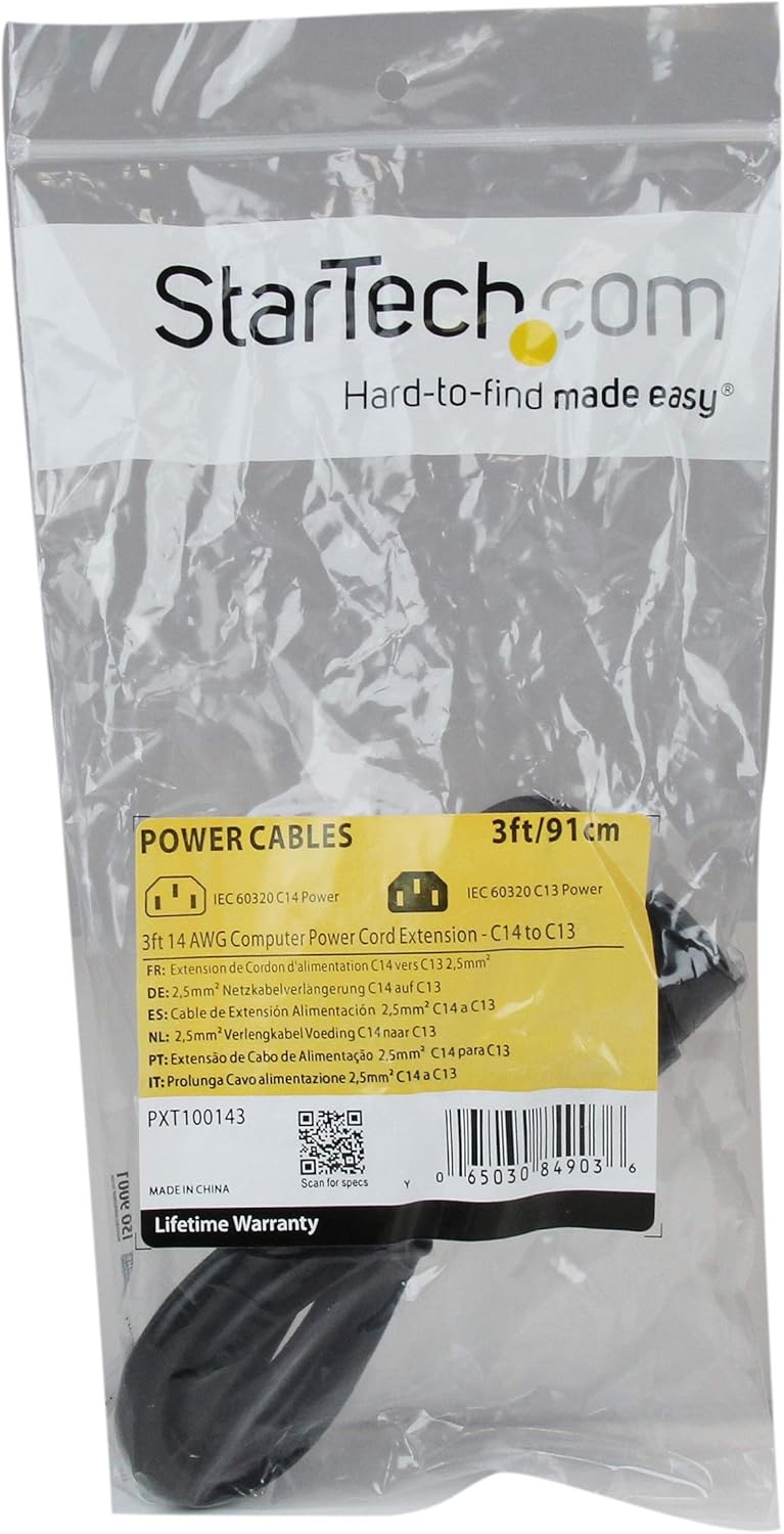 StarTechcom 3ft 1m Heavy Duty Extension Cord IEC 320 C14 to IEC 320 C13 Black Extension Cord 15A 125V 14AWG Heavy Gauge Power Extension Cable Heavy Duty AC Power Cord UL Listed PXT100143 - Image 5