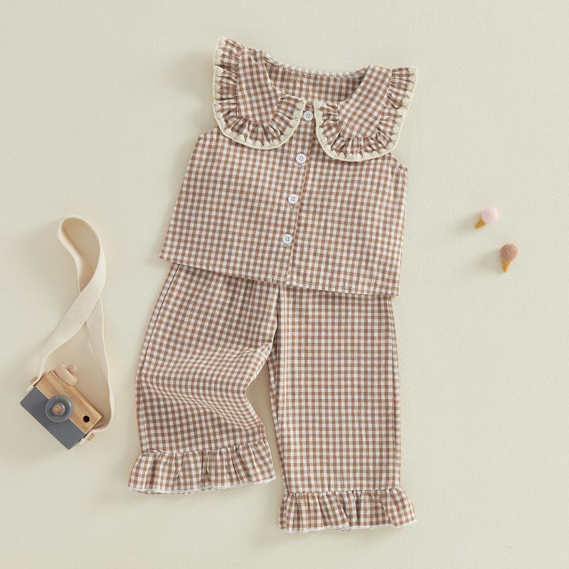 Thorn Tree Girls Summer Outfits Ruffle Sleeve Button Up Dress Tops Plaid Linen Pants Spring Toddler Girl Clothes (Khaki A, 3-4Y) - Image 3