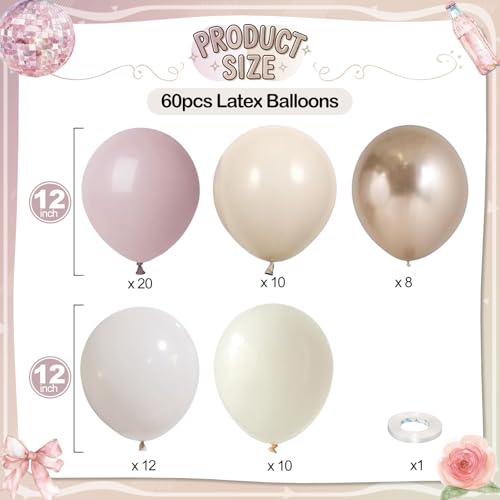 Paeyeq Dusty Pink Beige Balloons 60 Pcs 12 Inch Pink Sand White Balloons Metallic Gold Nude Cream Balloon for Girls Women Birthday Pastel Bridal Shower Boho Wedding Baby Shower Engagement Party Decoration - Image 5