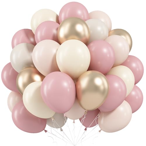 Paeyeq Dusty Pink Beige Balloons 60 Pcs 12 Inch Pink Sand White Balloons Metallic Gold Nude Cream Balloon for Girls Women Birthday Pastel Bridal Shower Boho Wedding Baby Shower Engagement Party Decoration - Image 1