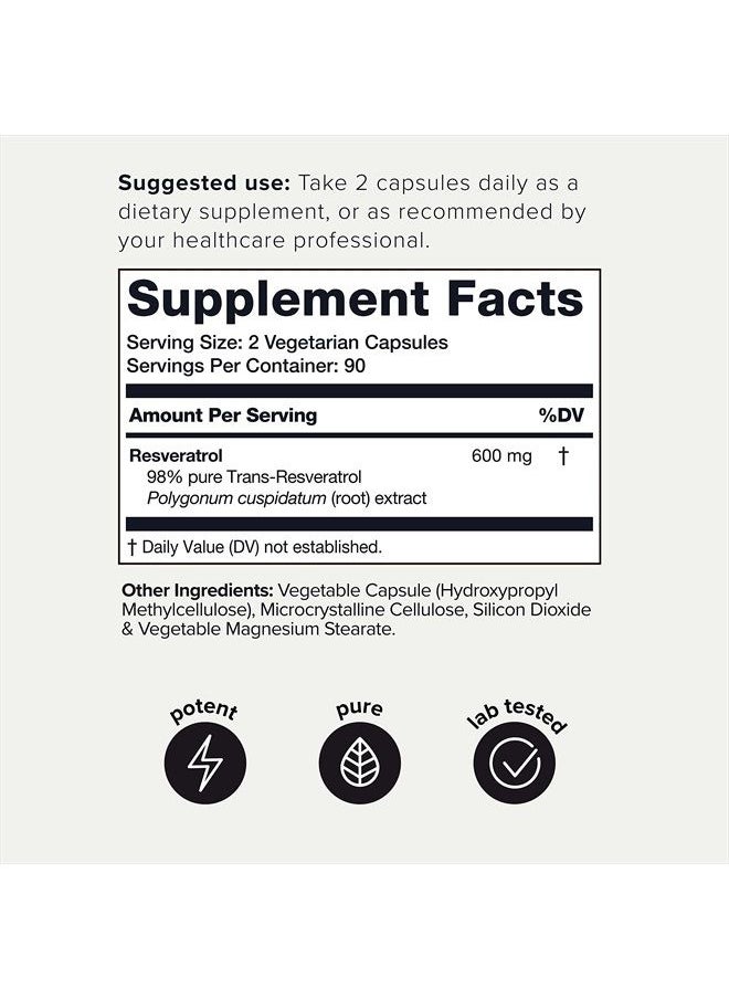 Toniiq - Ultra High Purity Resveratrol Capsules - 98% Trans-Resveratrol - Highly Purified and Highly Bioavailable - 180 Caps Reservatrol Supplement - Image 1
