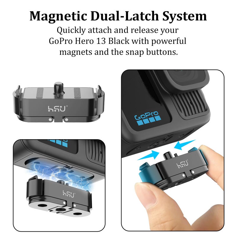 HSU Magnetic Latch Mount for GoPro Hero 13 Black, Quick Release Mount with 1/4''-20 Screw Hole Tripod Connector Port, Metal Dual-Latch Design, Go Pro Hero 13 Accessory - Image 3