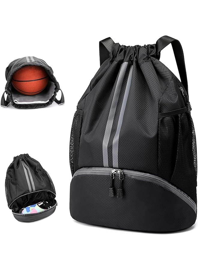 PROMASS Drawstring Backpack Drawstring Bag,Basketball Bag,Football Bag,Storage Bag,Lightweight String Bag For Travel Soccer Swim,Wet Dry Separation Swimming Bag,Black