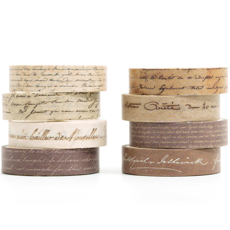 YUBX Vintage Washi Tape Set 8 Rolls Thin Retro Decorative Antique Patterns Masking Tapes for Arts, DIY Crafts, Journals, Planners, Scrapbook, Wrapping (Handwritten Text) - Image 1