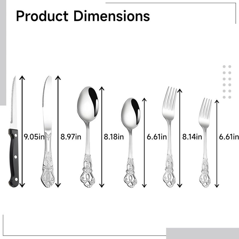 6 Pcs Royal Flatware Set, Stainless Steel Vintage Cutlery With Steak Knives, Forks, Spoons, Retro Silverware Embossed Detailing, Dinnerware For Home Or Hotel - Image 2