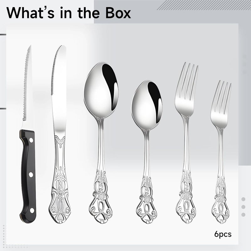 6 Pcs Royal Flatware Set, Stainless Steel Vintage Cutlery With Steak Knives, Forks, Spoons, Retro Silverware Embossed Detailing, Dinnerware For Home Or Hotel - Image 3
