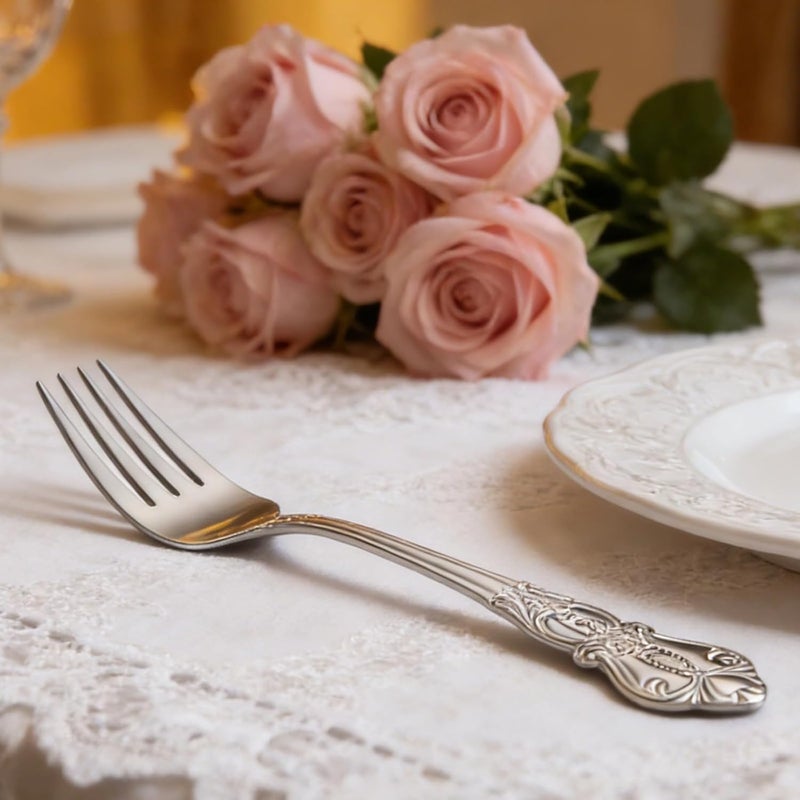 6 Pcs Royal Flatware Set, Stainless Steel Vintage Cutlery With Steak Knives, Forks, Spoons, Retro Silverware Embossed Detailing, Dinnerware For Home Or Hotel - Image 4