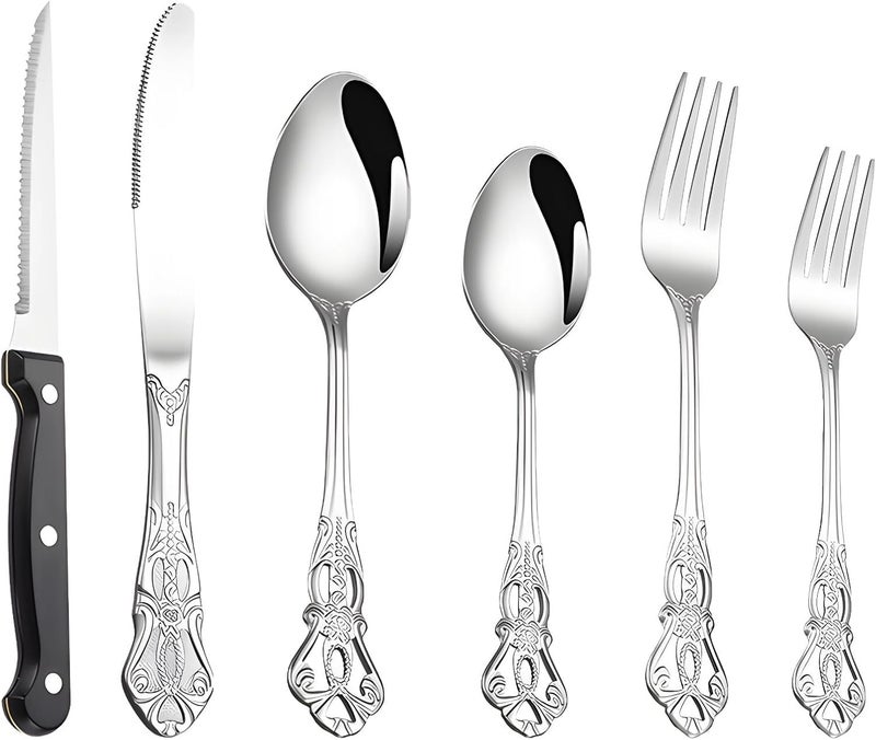 6 Pcs Royal Flatware Set, Stainless Steel Vintage Cutlery With Steak Knives, Forks, Spoons, Retro Silverware Embossed Detailing, Dinnerware For Home Or Hotel - Image 1