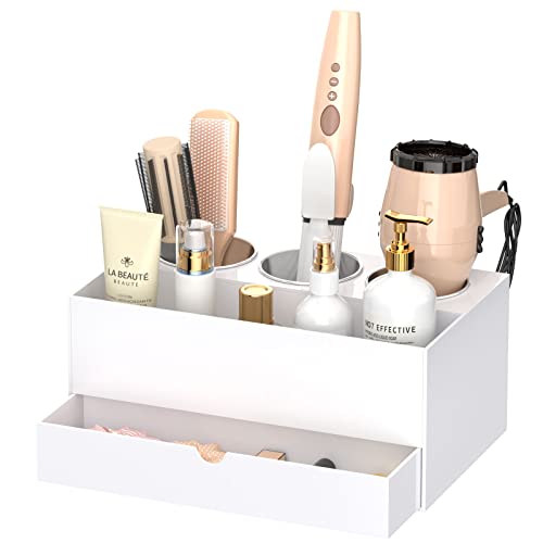 NIUBEE Hair Tool Organizer, White Acrylic Hair Dryer and Styling Organizer with Drawer, Bathroom Countertop Blow Dryer Holder, Vanity Caddy Storage Stand for Accessories, Makeup, Toiletries - Image 1