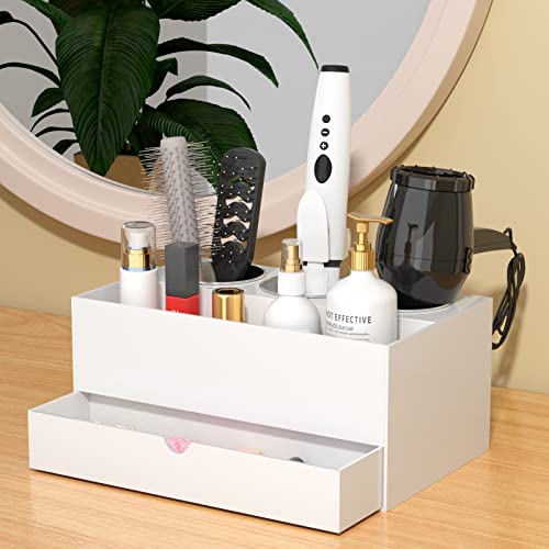 NIUBEE Hair Tool Organizer, White Acrylic Hair Dryer and Styling Organizer with Drawer, Bathroom Countertop Blow Dryer Holder, Vanity Caddy Storage Stand for Accessories, Makeup, Toiletries - Image 2