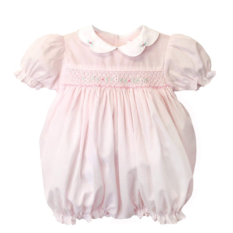 Petit Ami Baby Girlsâ€™ Hand Embroidered Smocked Bubble Romper, 6 Months, Pink - Image 1