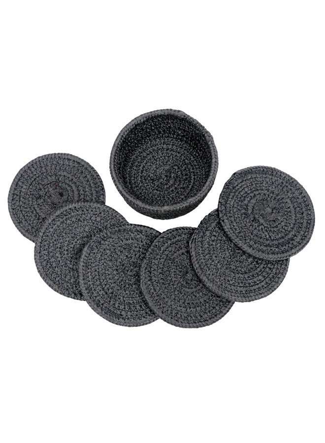 Ariya 6 Psc PP & Cotton Blend Dark Grey Coasters (6 Inch) - Absorbent, Woven, Ideal for Room, Hotel, Bar, Housewarming Gift - Image 1